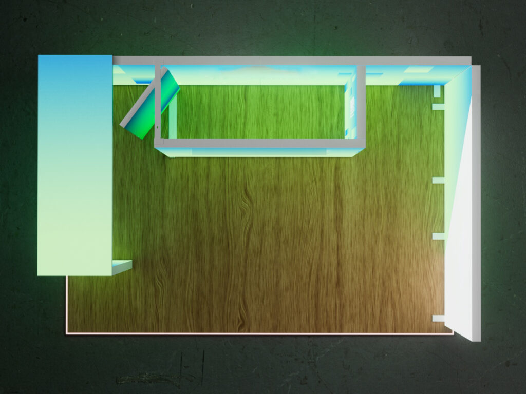 Diseño de stand modular con cajas de luz LED y zonas configuradas