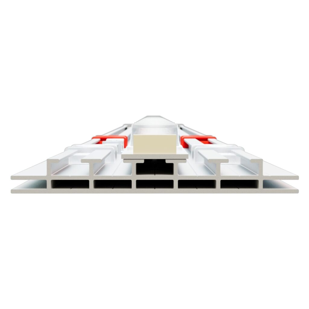 Detalle técnico del perfil estructural con sistema LED integrado de caja de luz modular