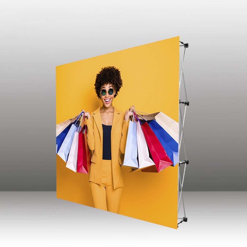 Expositor Pop-Up textil con impresión gran formato para eventos y promociones.