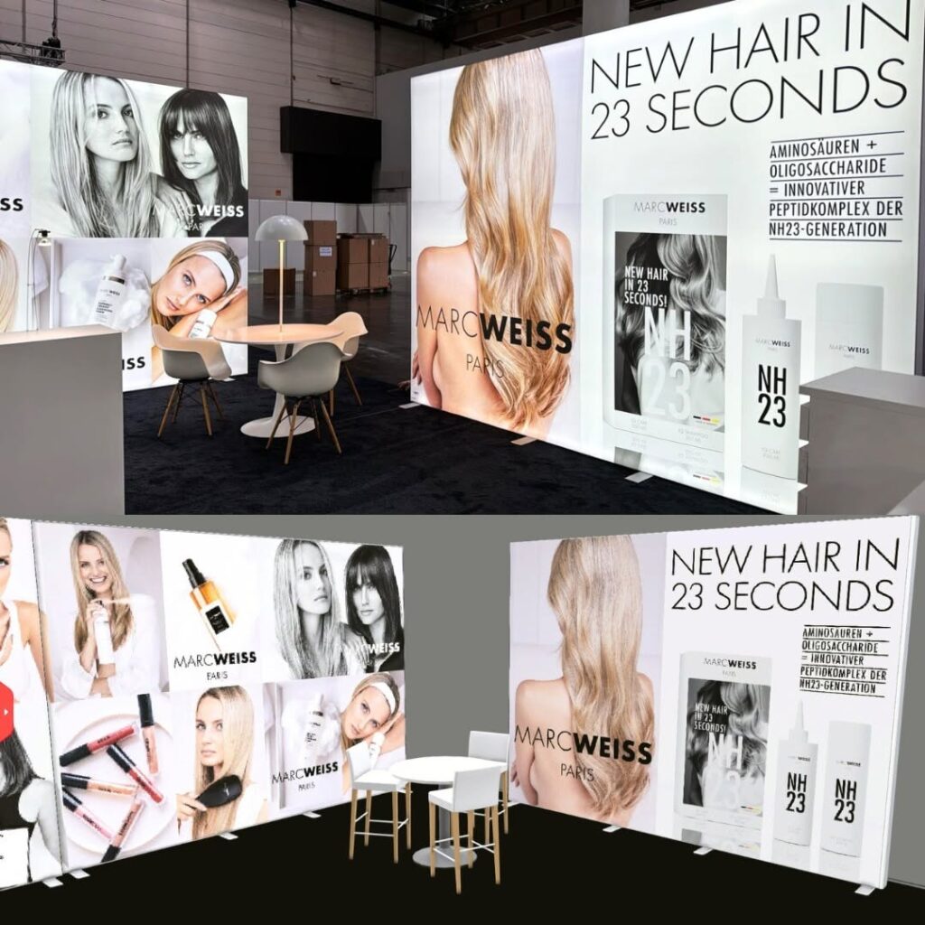 Stand retroiluminado con cajas de luz BIG LEDUP personalizadas para Marc Weiss. Estructura modular con gráfica textil a doble cara para cosmética profesional.