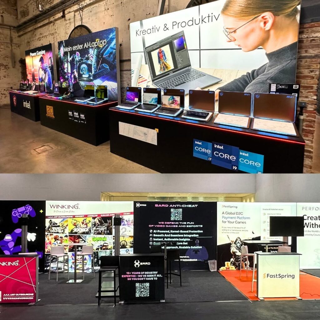 Cajas de luz BIG LEDUP con impresión textil para stands tecnológicos. Solución modular retroiluminada para ferias del sector IT y videojuegos.