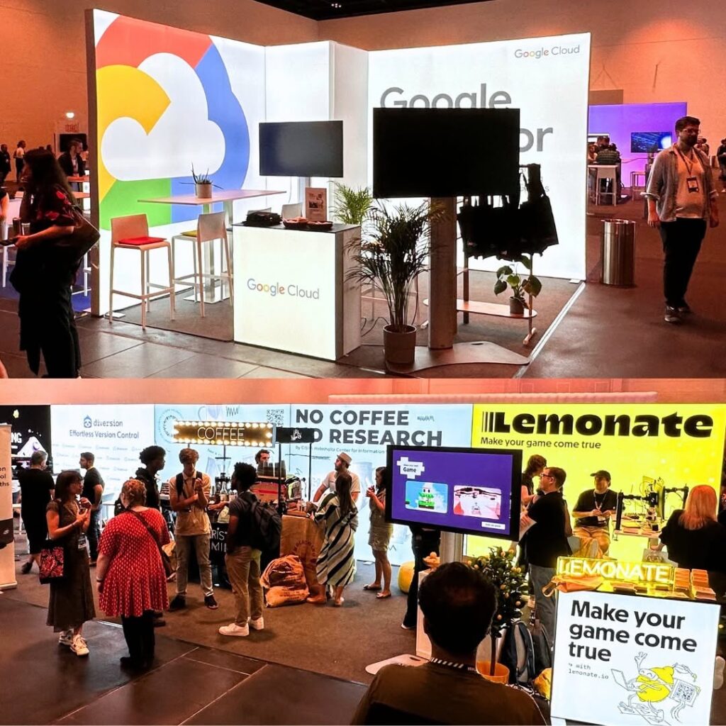Cajas de luz modulares con impresión personalizada para Google Cloud y Lemonade. Soluciones retroiluminadas para ferias con gran afluencia.